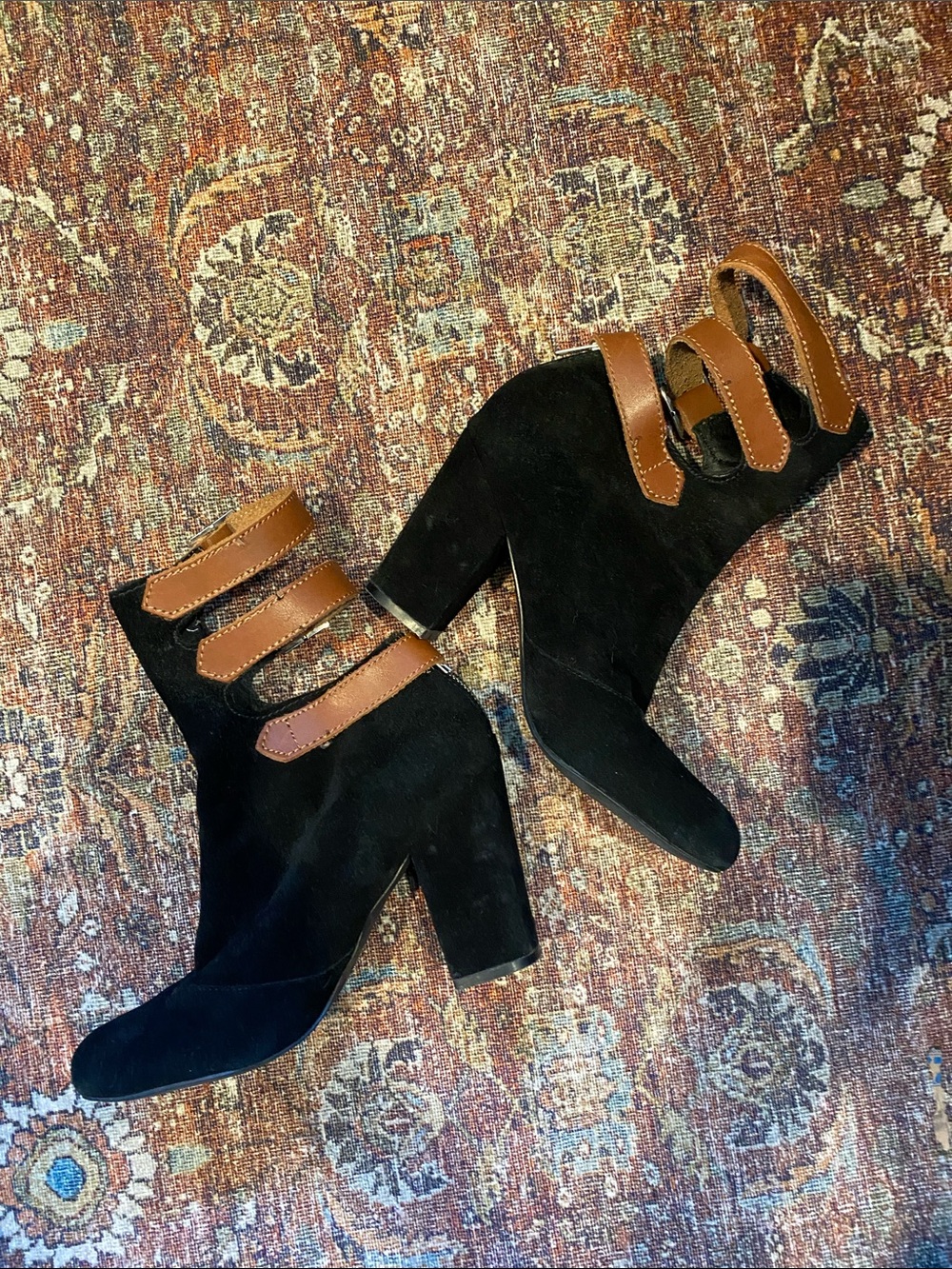 Anthropologie/Pied Juste Black Suede Ankle Boots with Tan Buckle Straps. Size 9 - Picture 3 of 11